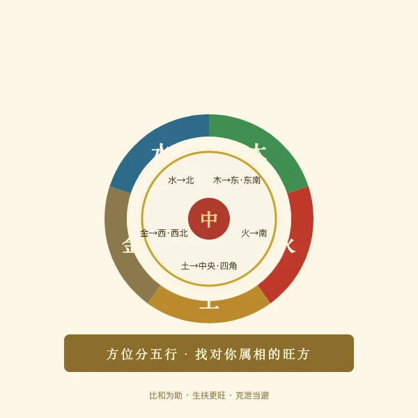 五行方位轮:木火土金水分别落于东南中西南北图案