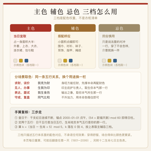 当日主色辅色忌色搭配示意